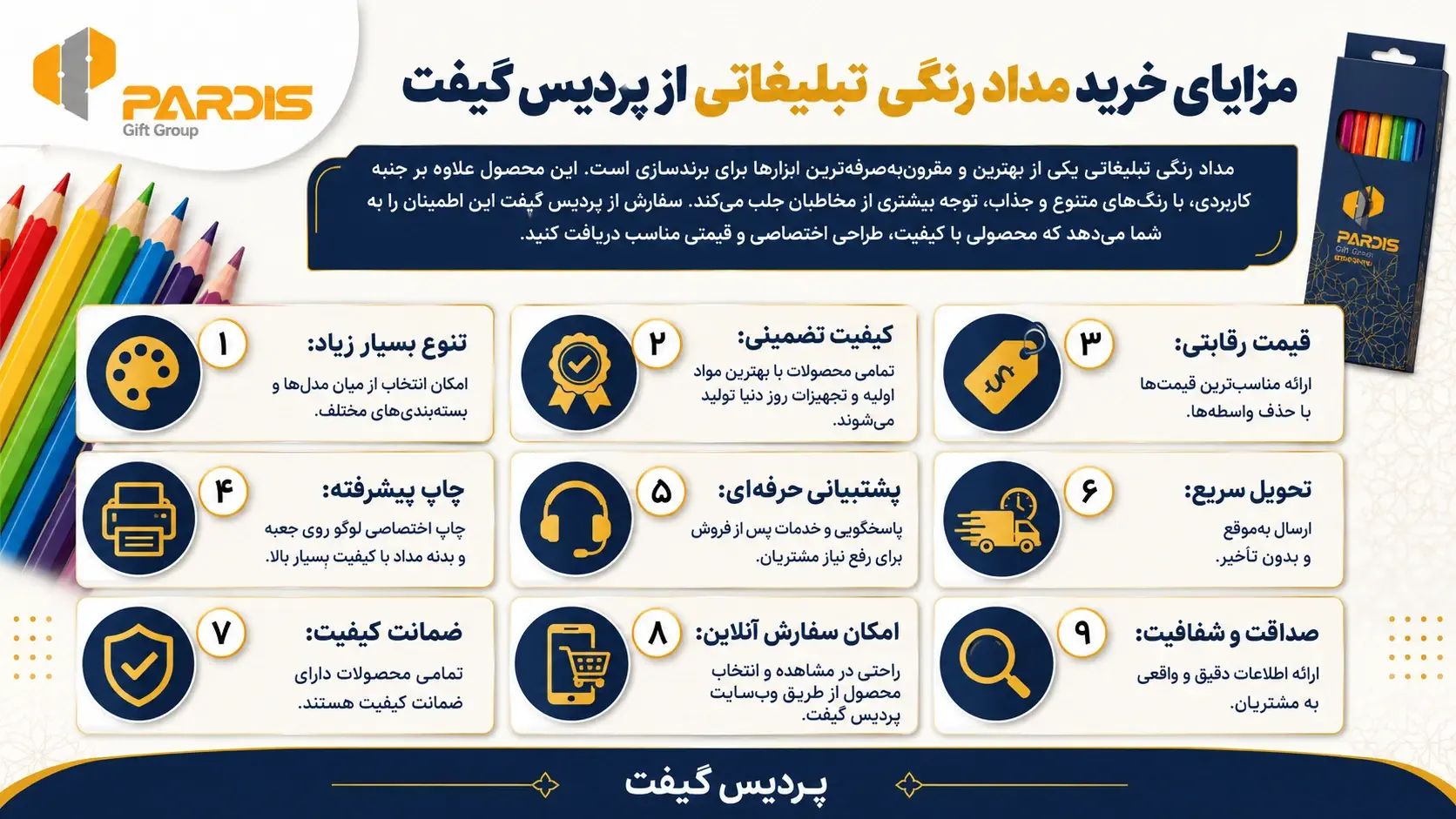 اینفوگرافی در خصوص مزایای خرید مداد رنگی تبلیغاتی از پردیس گیفت